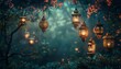 This image displays alluring lanterns amidst a blossoming garden, creating a serene and mysterious evening atmosphere
