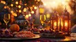 An enchanting twilight setup for a meal featuring glowing lanterns, sparkling drinks, and various delicacies, creating a warm festive atmosphere