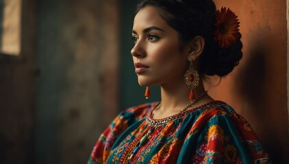 Wall Mural - beautiful hispanic young woman wearing traditional mexican clothing huipil from Generative AI