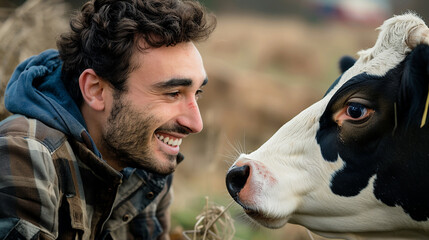 Sticker - A man is smiling at a cow