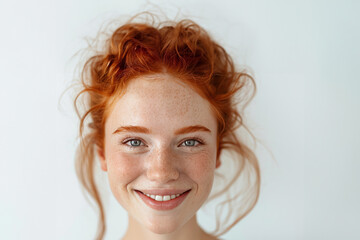 Headshot Portrait of happy ginger girl with freckles smiling looking at camera. White background. photo on white isolated background --ar 3:2 --v 6 Job ID: 3dcafb76-ac4c-4187-8804-bbf1c805ad2c