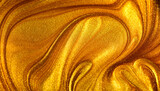 Fototapeta  - Beautiful abstract golden liquid paint background, beauty gold backdrop texture. Metallic gold paint, art design. Yellow shimmering surface close-up. Golden bright glitter texture, macro shot 
