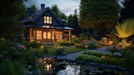 Wall Mural - Lonely illuminated villa in nature by a pond at dusk