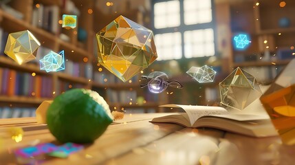 Wall Mural - a vibrant and surreal study scene with a wooden desk scattered with colorful geometric objects floating in mid-air.