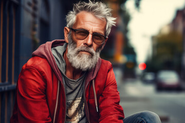 Sticker - Elderly man with a beard in a stylish outfit poses on a city street