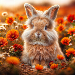Wall Mural - arafed rabbit sitting in a field of orange flowers, rabbit, closeup of an adorable, cute anthropomorphic bunny, portrait of a bugs bunny, close - up portrait, close-up portrait, innocent look. rich vi
