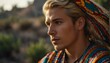 handsome blonde young man wearing traditional mexican clothing huipil from Generative AI