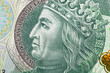 Polish one hundred zloty, 100 PLN. Macro of Wladyslaw II Jagiello face on Polish money. Top view