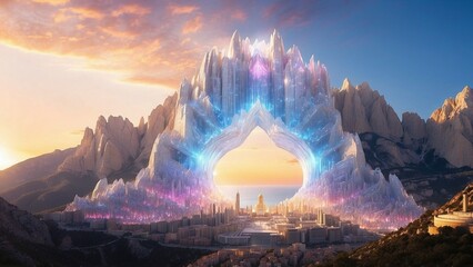 Wall Mural - View of the city of Light, fantasy scene of the world of gods with crystals, gold, portals and amazing landscape