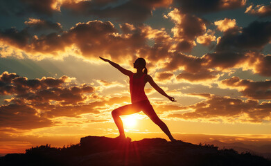 A silhouette of an athletic woman in warrior pose during sunrise, doing yoga on the top of mountain, against beautiful sky with golden sun rays.