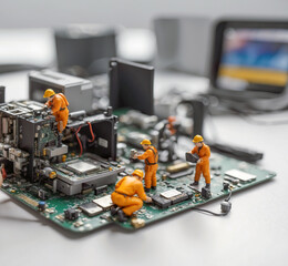 group of worker figurines doing maintenance on a computer motherboard.