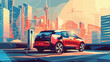 Electric CUV car in an abstract city. Electric car is