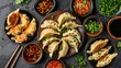 Delicious array of dumplings, featuring pork, chicken, and shrimp fillings, top view, with vibrant dipping sauces, on an isolated backdrop