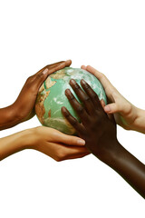 diversity multicultural hands holding planet earth. Environmental protection, humanity. PNG object isolated on transparent background, mockup, design, template, layout, sticker