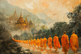 Fototapeta Kuchnia - Vesak holiday concept - monks walking in procession as laypeople offer alms