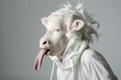 Surreal human with cow's head protruding from mouth and tongue extended out, bizarre and unsettling concept