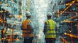 © DJSPIDA FOTO - Two civil engineers wearing yellow vests and white helmets standing in a construction site with a digital building hologram in the style of double exposure photography and a motion blurred background
