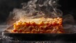 Artistic portrayal of lasagna with steam rising, detailed layers of pasta, rich tomato sauce, creamy bechamel, and mixed cheeses, isolated, studio lighting