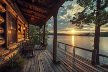 A Log Cabin With Wooden Porch Overlooking The Lake At Sunset, In Rustic Charm Style