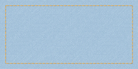 Denim jean textile light wash colors background with gold seams frame vector illustration.