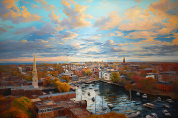 Wall Mural - Above view oil painting of a seaside cityscape with big clouds.