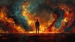 A man standing in front of a large fire and flames, AI