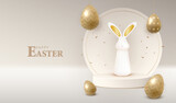 Fototapeta Panele - Happy Easter with display podium holiday background. Stage with gold eggs. Festive 3D composition with bunny ears. Studio with white backdrop. Modern creative vector illustration.