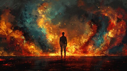 Poster - A man standing in front of a large fire and flames, AI