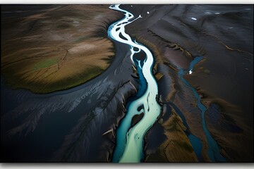 Wall Mural - Aerial Photograph of a Glacial River Delta in Iceland with many meandering branches and veins Generative AI