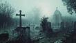 A cemetery with a prominent cross standing in the center, surrounded by overgrown foliage and aged tombstones, mist