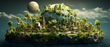 Fototapeta Uliczki - A small city on a small planet with a moon and clouds in the sky.