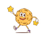 Fototapeta  - Cartoon retro moon groovy character with twinkle stars. Isolated vector psychedelic celestial body personage with craters, gloves, sneakers and wide grin exudes a laid-back, vintage 60s or 70s vibes
