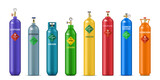 Fototapeta  - Realistic gas cylinders of hydrogen, oxygen, propane and acetylene compressed gas, vector metal balloons. LPG canisters or gas storage barrels with label of helium, argon, carbon dioxide and nitrogen
