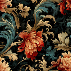 floral pattern, deep blue and rich gold, elegant seamless background, interior design