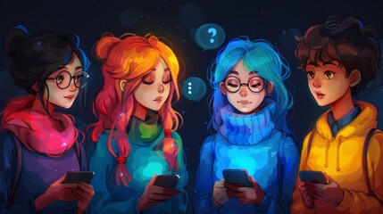 Sticker - Three girls with colorful hair looking at their cell phones, AI