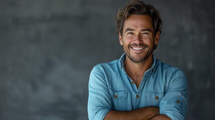 Wall Mural - Happy young smiling confident professional business man wearing blue shirt, pretty stylish male executive looking at camera, standing arms crossed at grey background concept.