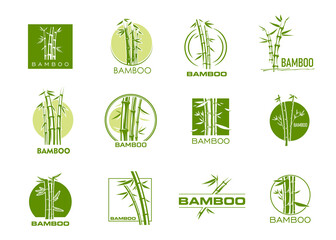 Sticker - Bamboo icons, spa massage, beauty and health symbols with green trees and leaves vector silhouettes. Asian jungle forest bamboo plant stalks isolated badges, resort, hotel, organic cosmetics emblems