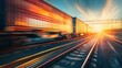 Train moves by rail, delivery of goods by freight train. Train carriages at the station. Railroad in motion at sunset. Railway station with motion blur effect against colorful blue sky.