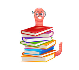 Wall Mural - Cartoon cute bookworm character in glasses. Funny pink book worm, caterpillar or earthworm vector personage sitting on stack of school library books or textbooks with eyeglasses, education concept