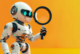 Fototapeta Panele - Close-up of a modern white robot with magnifying glass on yellow