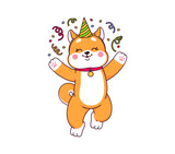 Fototapeta  - Japanese kawaii shiba inu dog character on the party. Cartoon cute pet animal, brown puppy vector personage dancing with party hat, confetti and color paper streamers. Shiba inu dog having fun emoji