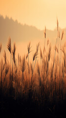 Wall Mural - vertical background autumn dry grass in the morning fog, valley in the sun landscape