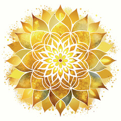 Poster - A yellow golden mandala with white petals is drawn in a circle. The flower is surrounded by a pattern of dots