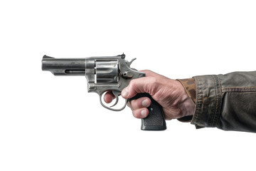 Man's hand holding a gun isolated on a cutout PNG transparent background