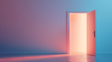 A partially opened door with glowing light symbolizing opportunity, change or discovery.