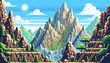 Pixel Art Mountain Ranges with Ladders and Waterfalls, Intricate pixel art depicting towering mountain ranges with ladders for scaling, lush greenery, and cascading waterfalls under a sunny sky.