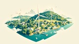 Fototapeta  - Ecofriendly landscape with wind turbines, solar panels and water pipes in the background. In front is a small river flowing into sea, surrounded by greenery, houses and boats