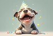 A cute Boston Terrier dog wearing a colorful birthday hat, isolated on a pastel background with copy space, happily smiling and laughing with its mouth open