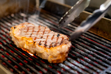 Wall Mural - Juicy steak with perfect grill lines sizzling on a barbecue, capturing an enticing culinary moment