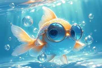 Wall Mural - A cute fish wearing sunglasses, colorful background